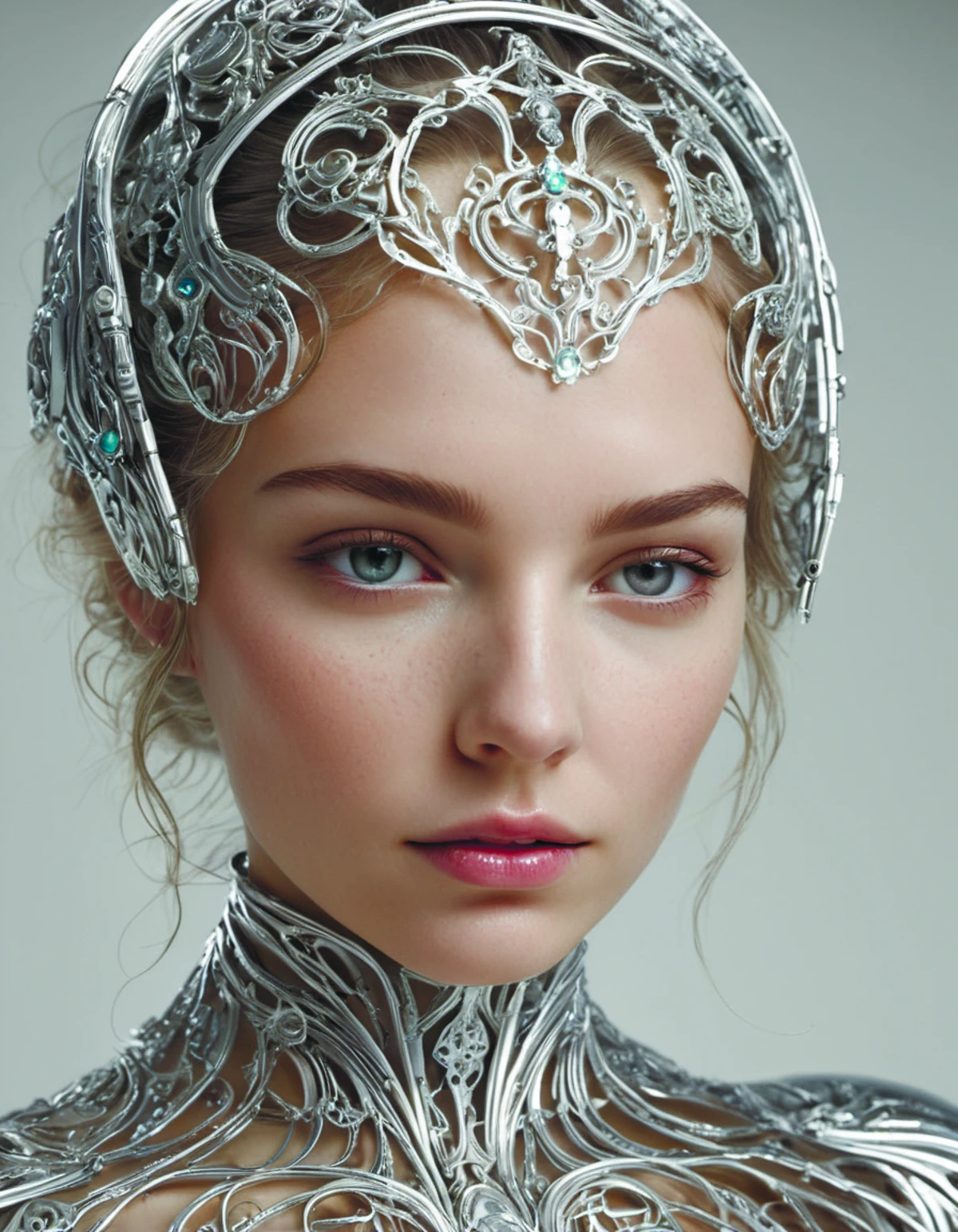 hyper realistic photography of a stunningly cyborg female and,intimate,intricate filigree,in the style of beth cavener,jin kagetsu,and wlop,highly detailed,chrome symmetry,masterpiece,award - winning,sharp focus,concept art,high key,ambient lighting,8 k,octane,dynamic,<lora:add-detail-xl:1.6> c1bo <lora:just_another_Cyborg_LoRa_SDXL-000009:0.7>