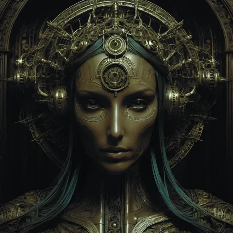 (surreal oil panting) of a ((robotic mech)) queen sitting on her throne, ((robotic face)), (high tech crown), regal portrait, intricate details, fine detailed textures, best lighting, best composition, sci-fi, futuristic, cosmic robot, fractal geometry, ((renaissance portrait))