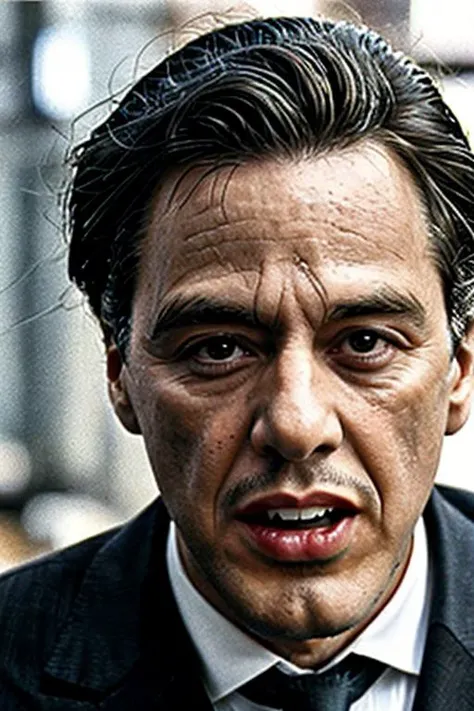 (alpacino-ti) holding a colt, in suits pointing gun at the camera, toxic guy, laughing, muscle, extremely detailed pupils and irises, open mouth, stuckism, action shot, colt single action army <lora:speedy1p5:1.15>