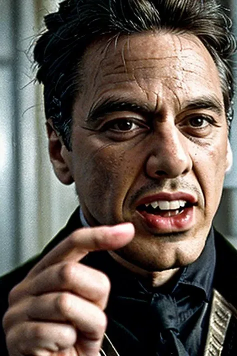 RAW photo of (alpacino-ti) holding a finger at the camera, toxic guy, laughing, muscle, extremely detailed pupils and irises, open mouth, stuckism, action shot <lora:speedy1p5:1.15>