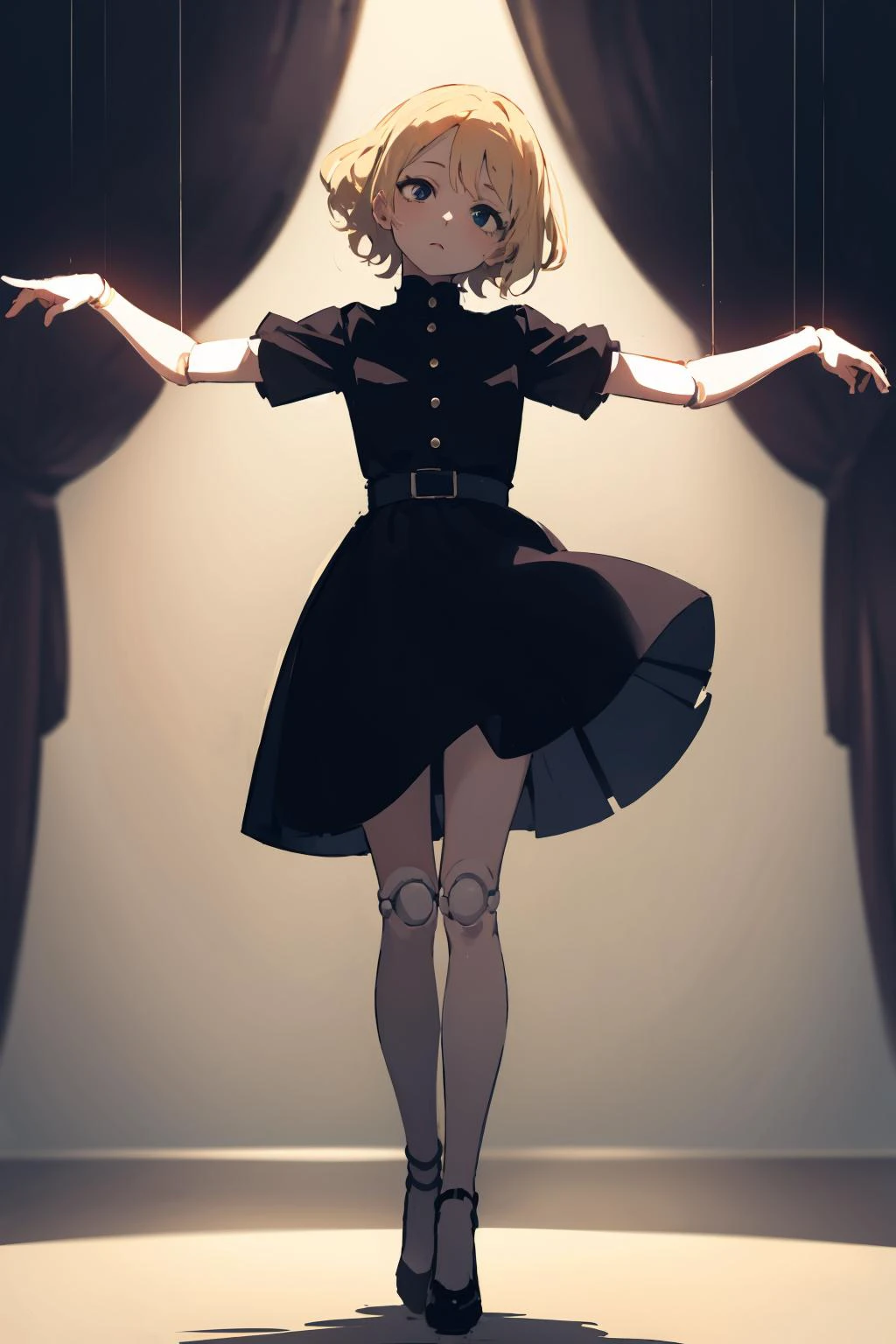masterpiece,highres,best quality,scenery,1girl,solo,<lora:string-wasabiya:1>,suspstring,(beautiful eyes, black eyes , blonde hair, beautiful face),cowboy shot,expressionless,stage, stage curtains ,full body,standing,suspension,midair,doll joints,short sleeves,skirt,head tilt,outstretched arms,