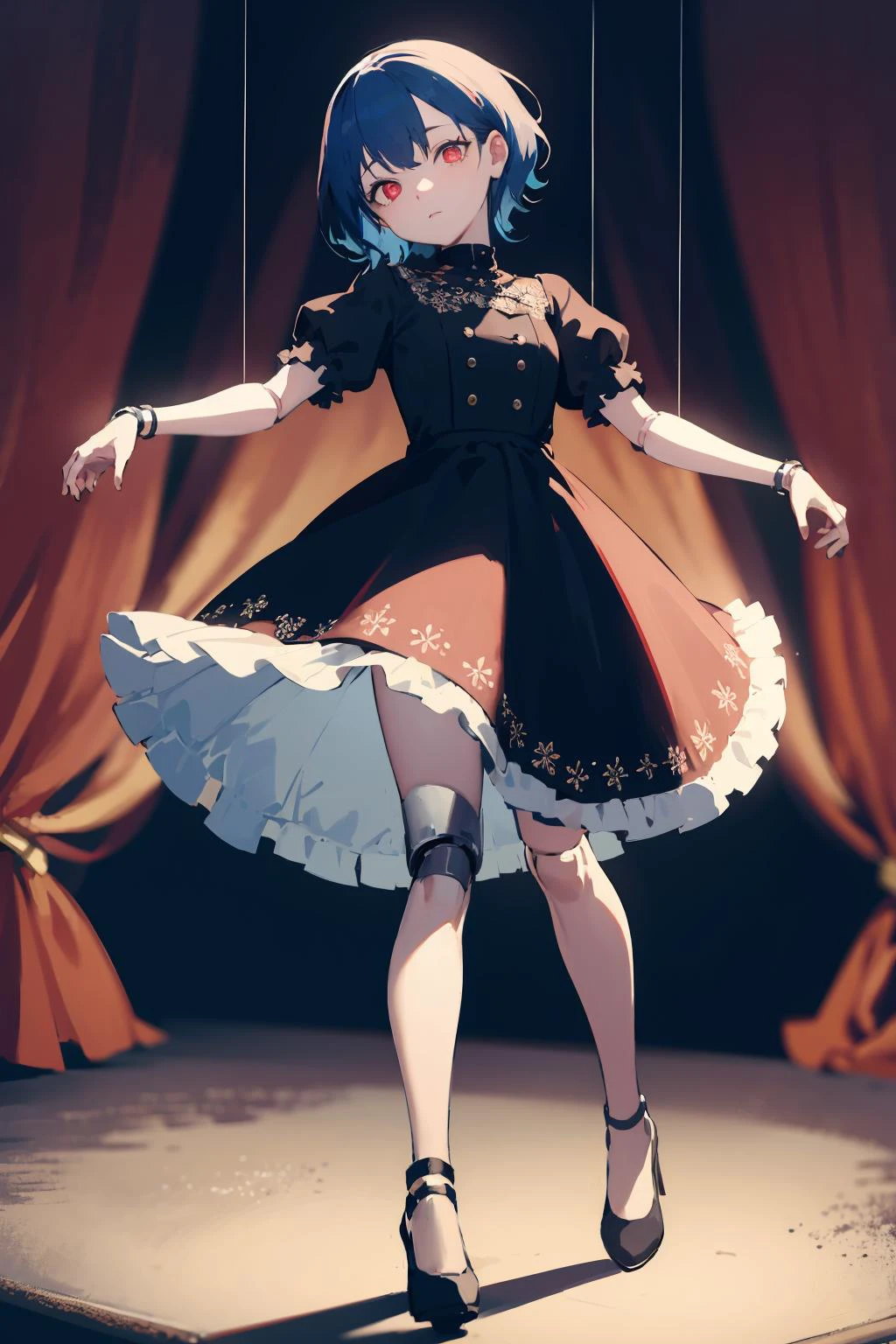 masterpiece,highres,best quality,scenery,1girl,solo,<lora:string-wasabiya:1>,suspstring,(beautiful eyes, red eyes , blue hair , beautiful face),cowboy shot,expressionless,stage, stage curtains ,full body,standing,suspension,midair,doll joints,short sleeves,skirt,head tilt,outstretched arms,