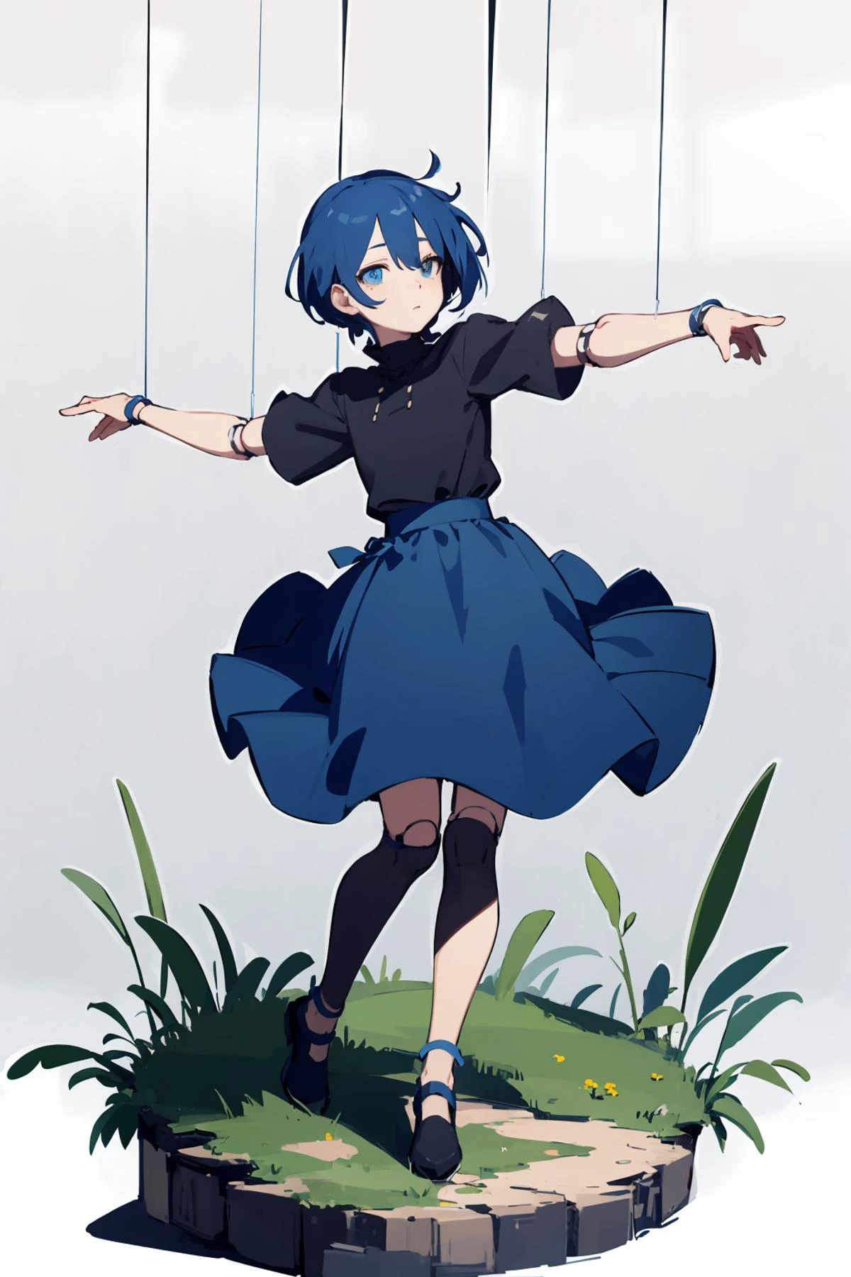 masterpiece,highres,best quality,scenery,1girl,solo,<lora:string-wasabiya:1>,suspstring,(beautiful eyes, blue eyes , blue hair , beautiful face),cowboy shot,expressionless,white background ,full body,standing,suspension,midair,doll joints,short sleeves,skirt,head tilt,outstretched arms,
