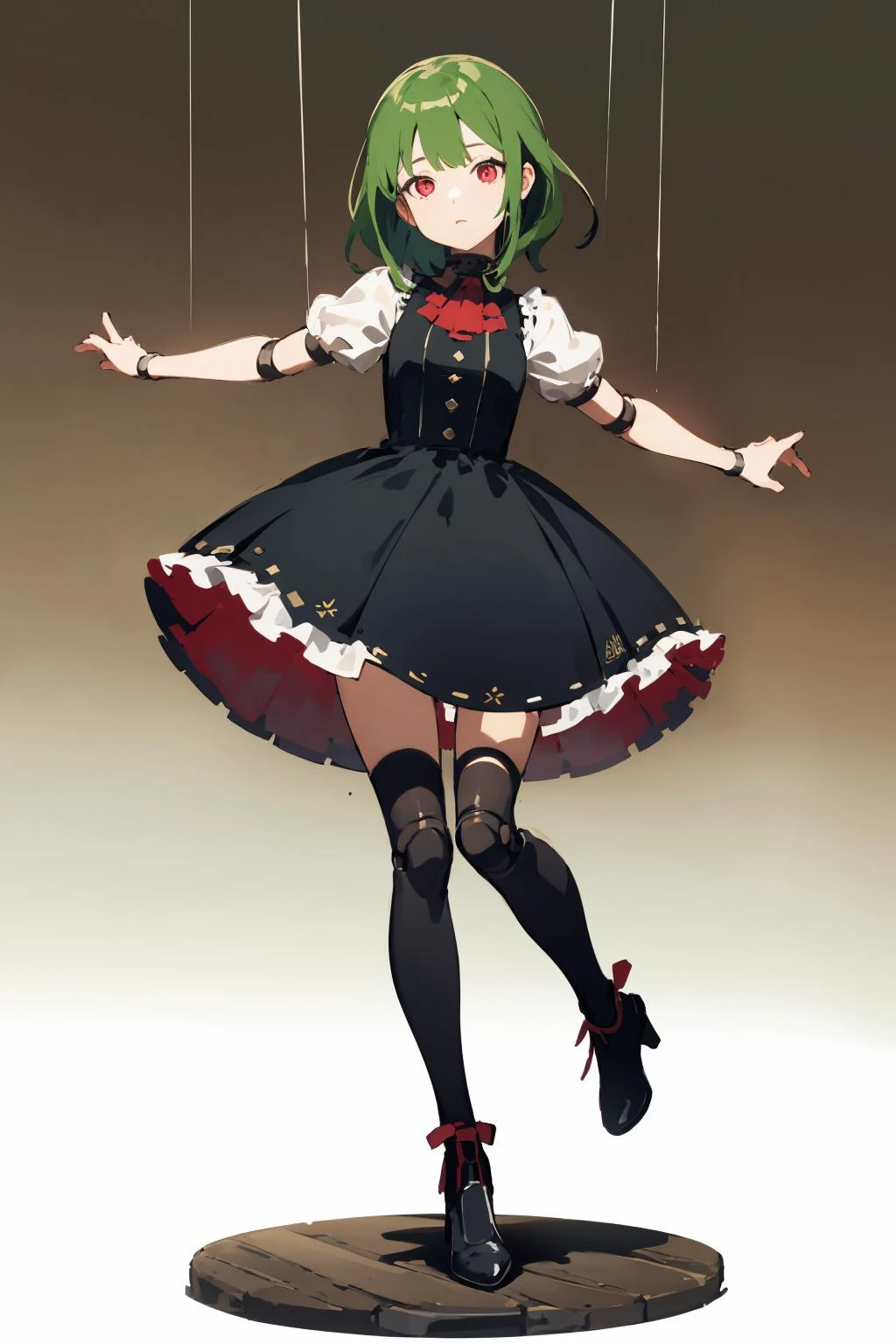 masterpiece,highres,best quality,scenery,1girl,solo,<lora:string-wasabiya:1>,suspstring,(beautiful eyes, red eyes , green hair , beautiful face),cowboy shot,expressionless,simple background ,full body,standing,suspension,midair,doll joints,short sleeves,skirt,head tilt,outstretched arms,
