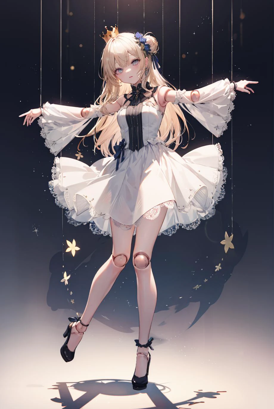 (masterpiece, best quality), 1girl, solo, doll joints, long hair, blonde hair, white gown, golden crown, gray eyes, <lora:doll_joints_v0.1:1> SUSPSTRING, suspension, full body, head tilt, outstretched arms, dancing <lyco:string-wasabiya:1.0>