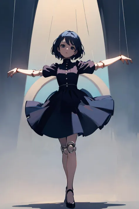 masterpiece,highres,best quality,scenery,1girl,solo,<lora:string-wasabiya:1>,suspstring,(beautiful eyes,  black eyes , blue hair , beautiful face),cowboy shot,expressionless,white background ,full body,standing,suspension,midair,doll joints,short sleeves,skirt,head tilt,outstretched arms,