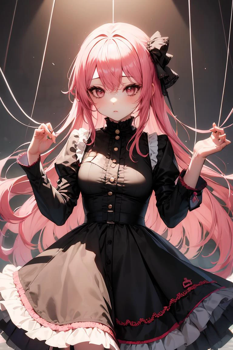 (masterpiece, best quality), 1girl, <lora:string-wasabiya:1> suspstring, pink hair, frilled dress,