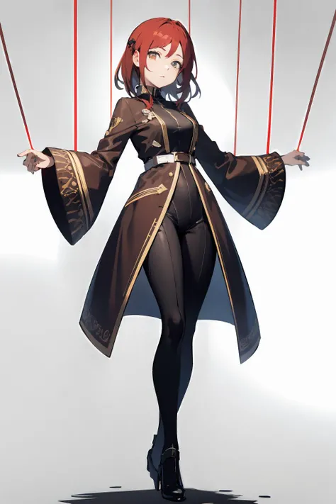 masterpiece,highres,best quality,scenery,1girl,solo,<lora:string-wasabiya:1>,suspstring,(beautiful eyes, brown eyes , red hair , beautiful face),cowboy shot,expressionless,simple background,white background,full body,standing,suspension,midair,