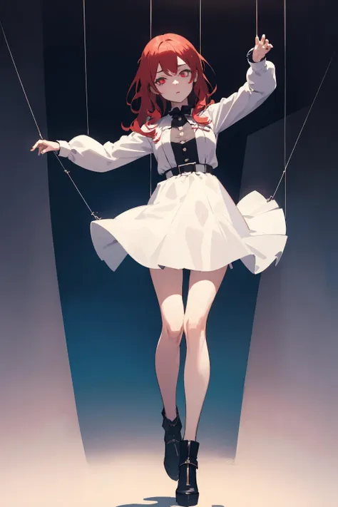 masterpiece,highres,best quality,scenery,1girl,solo,<lora:string-wasabiya:1>,suspstring,(beautiful eyes,  red eyes , red hair , beautiful face),cowboy shot,expressionless,simple background,white background,full body,standing,suspension,midair,