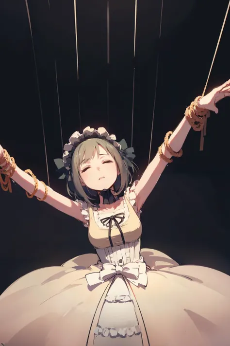 masterpiece,highres,best quality,1girl,solo,<lora:string-wasabiya:1>,suspstring,(beautiful face),expressionless,black background,suspension,doll joints,head tilt,outstretched arms,<lora:clair:1>,clairvaux,closed eyes,bonnet,frills,dress,bow,sleeveless,dark,noose,strangling,
