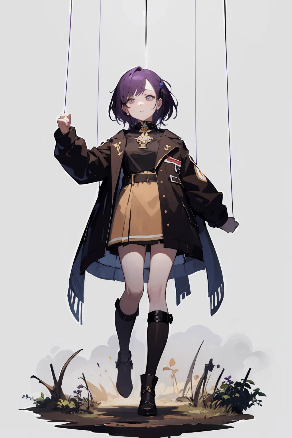 masterpiece,highres,best quality,scenery,1girl,solo,<lora:string-wasabiya:1>,suspstring,(beautiful eyes, brown eyes , purple hair , beautiful face),cowboy shot,expressionless,simple background,white background,full body,standing,suspension,midair,
