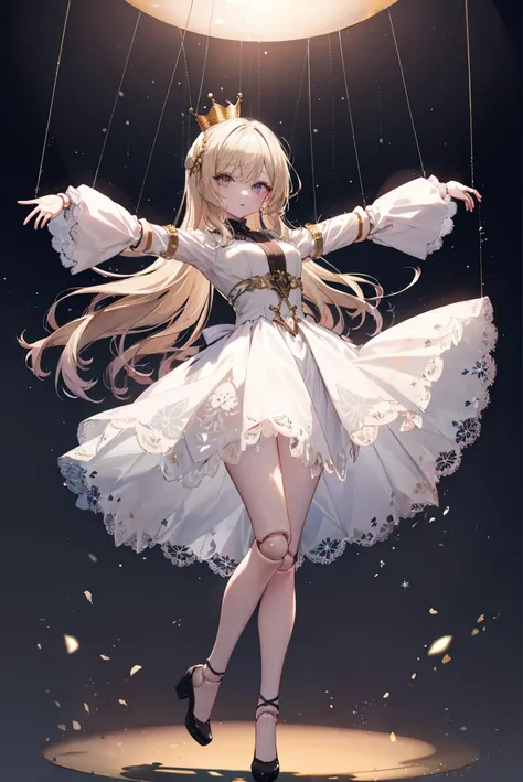 (masterpiece, best quality), 1girl, solo, doll joints, long hair, blonde hair, white gown, golden crown, gray eyes, <lora:doll_joints_v0.1:1> SUSPSTRING, suspension, full body, head tilt, outstretched arms, dancing  <lyco:string-wasabiya:1.0>