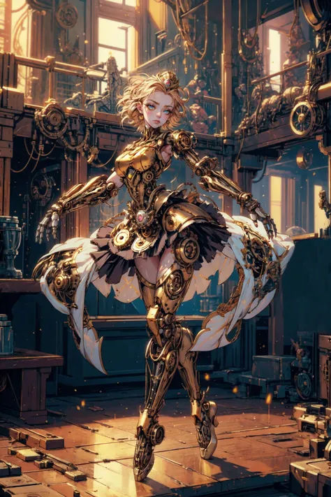 (masterpiece, best quality, detailed, high definition, vibrant colors, shiny), clockpunk, steampunk, (gold theme), (solo:1.2), doll, (ballerina, ballet dancer), dancing on stage, robot girl, mechanical arms, mechanical limbs, mechanical parts, clockwork, gears, cogs, expressionless, sunlight, golden hair, bright, tippy toes, god rays, mechanical skirt, meccog, suspstring, <lora:Steampunkcog:0.8> <lora:string-wasabiya:1.0>