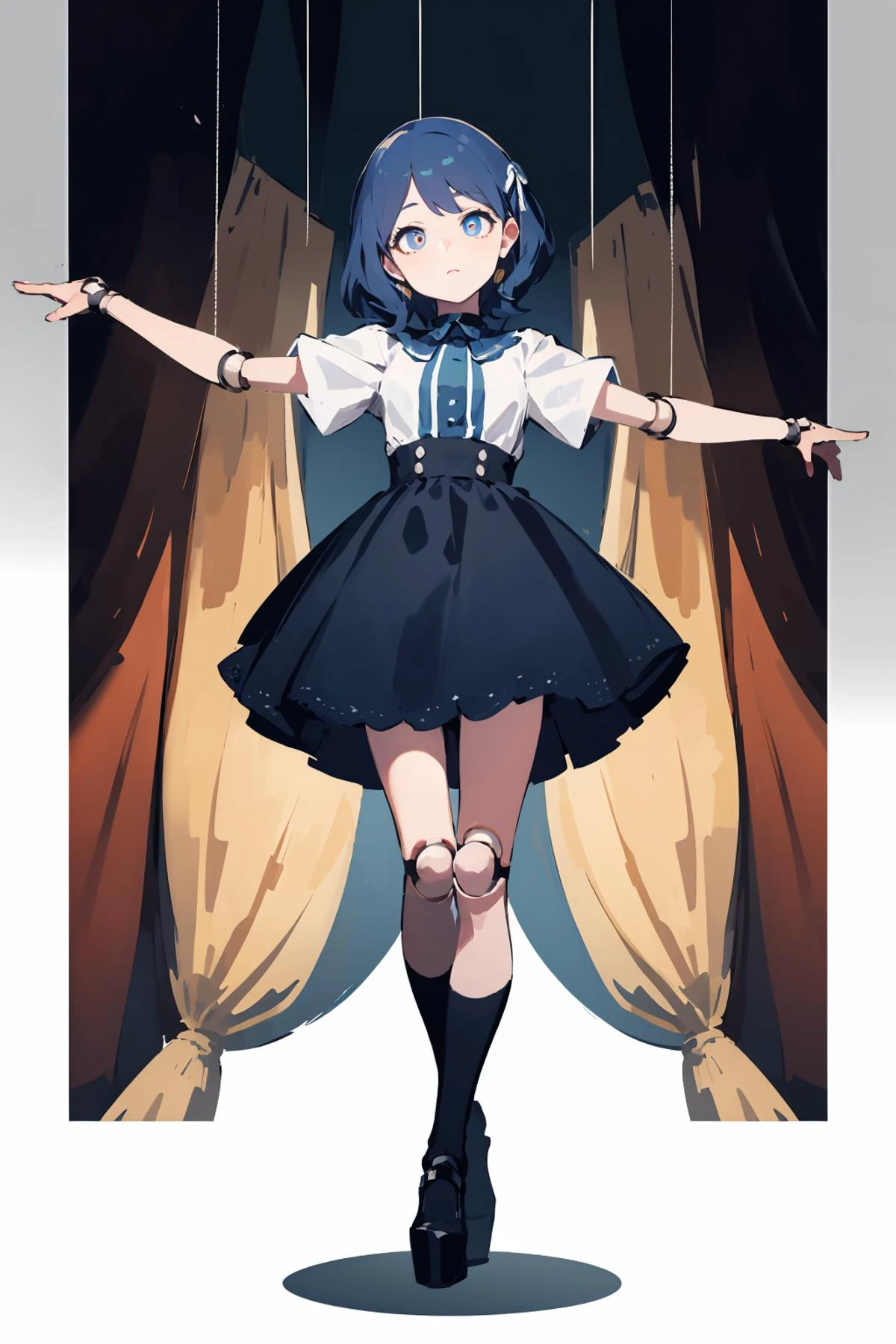 masterpiece,highres,best quality,scenery,1girl,solo,<lora:string-wasabiya:1>,suspstring,(beautiful eyes, brown eyes , blue hair , beautiful face),cowboy shot,expressionless,stage, stage curtains ,full body,standing,suspension,midair,doll joints,short sleeves,skirt,head tilt,outstretched arms,