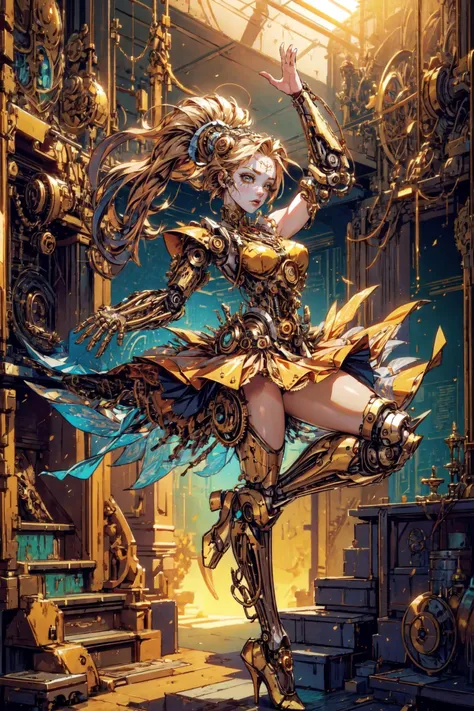 (masterpiece, best quality, detailed, high definition, vibrant colors, shiny), clockpunk, steampunk, (gold theme), (solo:1.2), doll, (ballerina, ballet dancer), dancing on stage, robot girl, mechanical arms, mechanical limbs, mechanical parts, clockwork, gears, cogs, expressionless, sunlight, golden hair, bright, tippy toes, god rays, mechanical skirt, meccog, suspstring, <lora:Steampunkcog:0.8> <lora:string-wasabiya:1.0>