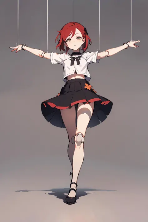 masterpiece,highres,best quality,scenery,1girl,solo,<lora:string-wasabiya:1>,suspstring,(beautiful eyes, brown eyes , red hair , beautiful face),cowboy shot,expressionless,simple background ,full body,standing,suspension,midair,doll joints,short sleeves,skirt,head tilt,outstretched arms,