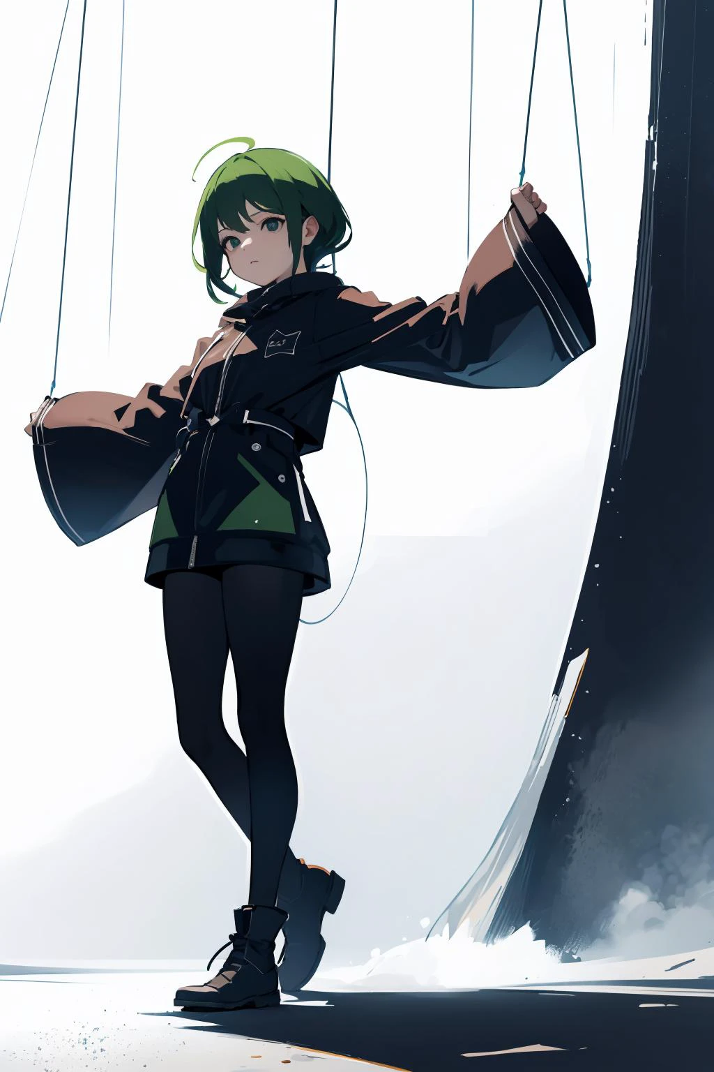 masterpiece,highres,best quality,scenery,1girl,solo,<lora:string-wasabiya:1>,suspstring,(beautiful eyes, black eyes , green hair , beautiful face),cowboy shot,expressionless,simple background,white background,full body,standing,suspension,midair,
