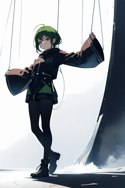 masterpiece,highres,best quality,scenery,1girl,solo,<lora:string-wasabiya:1>,suspstring,(beautiful eyes,  black eyes , green hair , beautiful face),cowboy shot,expressionless,simple background,white background,full body,standing,suspension,midair,