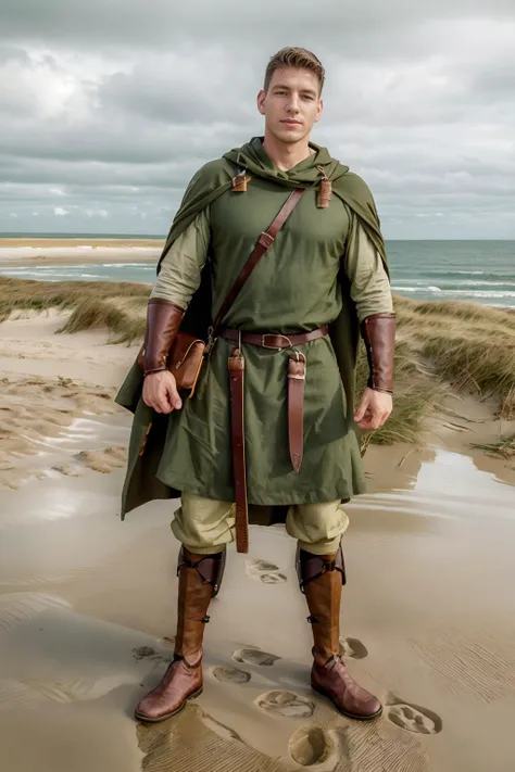 standing in sand dunes of East Anglia coast, beach and sea in the background, NikoVangelis wearing norsemenclothes, green tunic, green cloak, leather satchel, leather belt, leather vambraces, green pants, (((full body portrait))), wide angle  <lora:NikoVangelis:0.75>  <lora:NorseMenClothes:0.75>