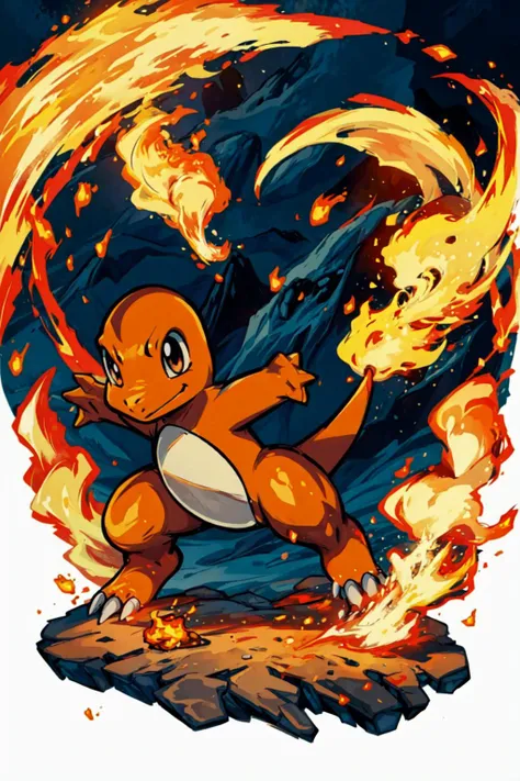 solo, dynamic pose, <lora:Charmander_Pokemon:0.8> Charmander_Pokemon, pokemon_\(creature\), volcano, lava, <lora:add_detail:0.7>, <lora:tachi-e:1> white background, full body, <lora:Concept - Pyromancer:0.3> pyromancer, fire,