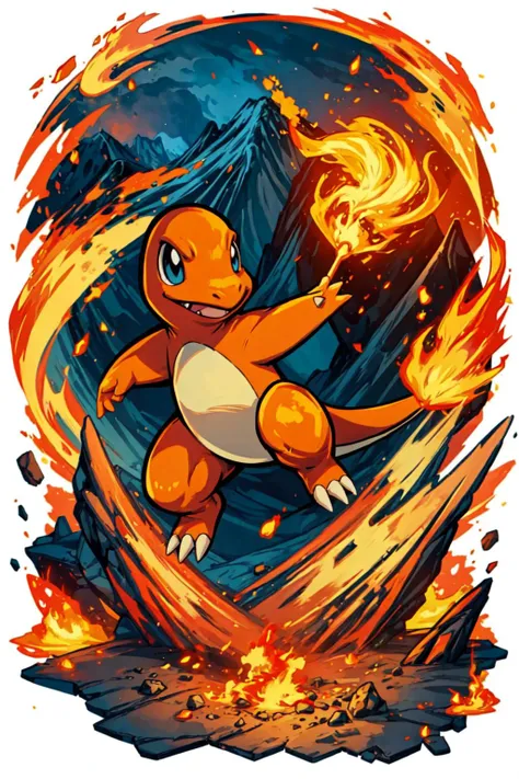 solo, dynamic pose, <lora:Charmander_Pokemon:0.8> Charmander_Pokemon, pokemon_\(creature\), volcano, lava, <lora:add_detail:0.7>, <lora:tachi-e:1> white background, full body, <lora:Concept - Pyromancer:0.3> pyromancer, fire,