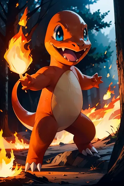 Charmander_Pokemon,flame-tipped tail, fangs, looking at viewer, smiling,
outside, burning trees, gress, fire, intense ambiance, extreme detail, beautiful quality, hdr, masterpiece, <lora:Charmander_Pokemon:.7>