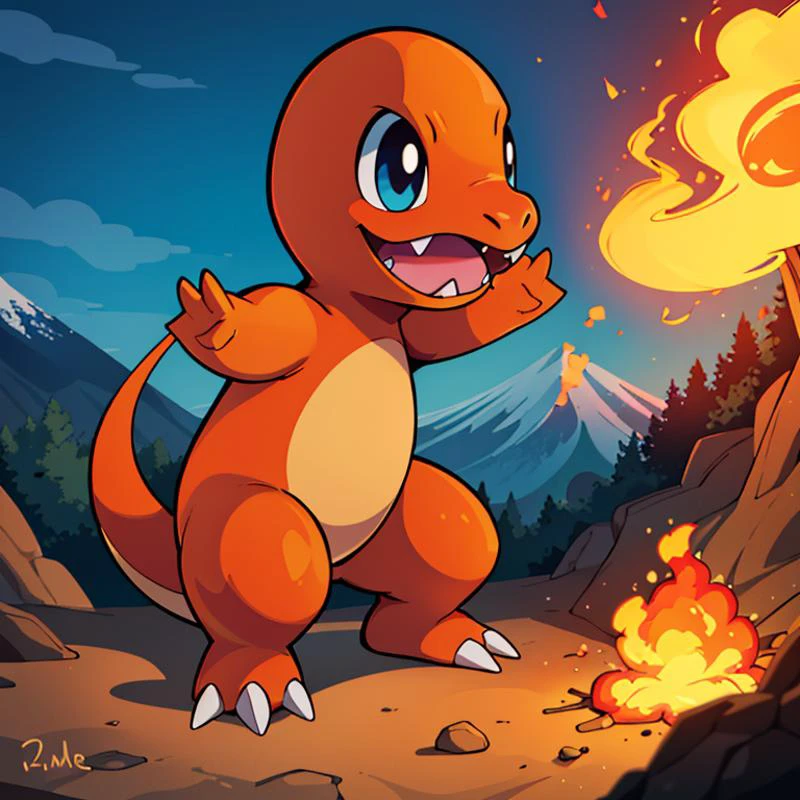 ((masterpiece,best quality)), absurdres, <lora:Charmander_Pokemon:0.7>, Charmander_Pokemon, flame-tipped tail, pokemon_\(creature\), full_body, facing viewer, looking at viewer, embers, explosion, fangs, swirling flames, mountain, nature, no_humans, outdoors, sky, tree