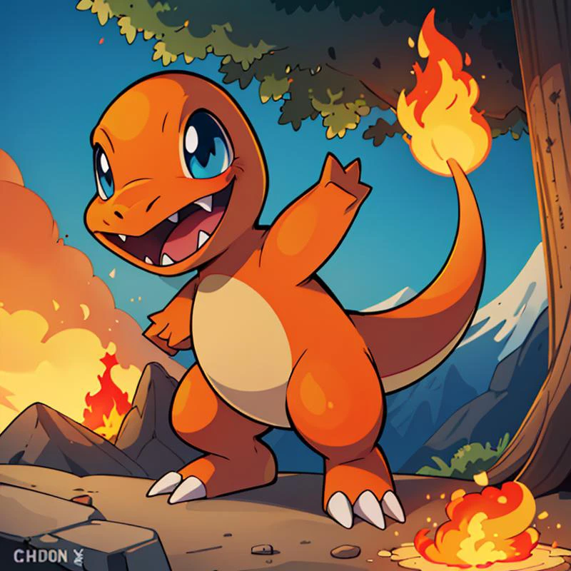 ((masterpiece,best quality)), absurdres, <lora:Charmander_Pokemon:0.7>, Charmander_Pokemon, flame-tipped tail, pokemon_\(creature\), full_body, facing viewer, looking at viewer, embers, explosion, fangs, swirling flames, mountain, nature, no_humans, outdoors, sky, tree