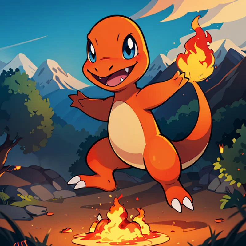 ((masterpiece,best quality)), absurdres, <lora:Charmander_Pokemon:0.7>, Charmander_Pokemon, flame-tipped tail, pokemon_\(creature\), full_body, facing viewer, looking at viewer, embers, explosion, fangs, swirling flames, mountain, nature, no_humans, outdoors, sky, tree