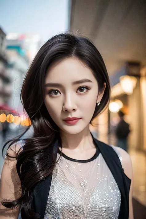 (yangmi), 1girl, standing in the street at night, extremely detailed eyes and face, beautiful detailed eyes, upper body, (small eyes:1.5),ulzzang-6500-v1 , view from front , <lora:chineseIdolMiY_v43:0.8>,