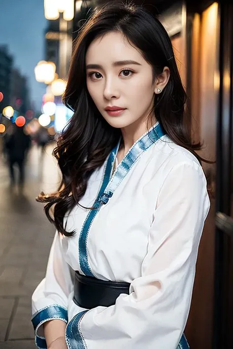 (yangmi), 1girl, standing in the street at night, extremely detailed face, upper body, hanfu, <lora:chineseIdolMiY_v43:0.8>