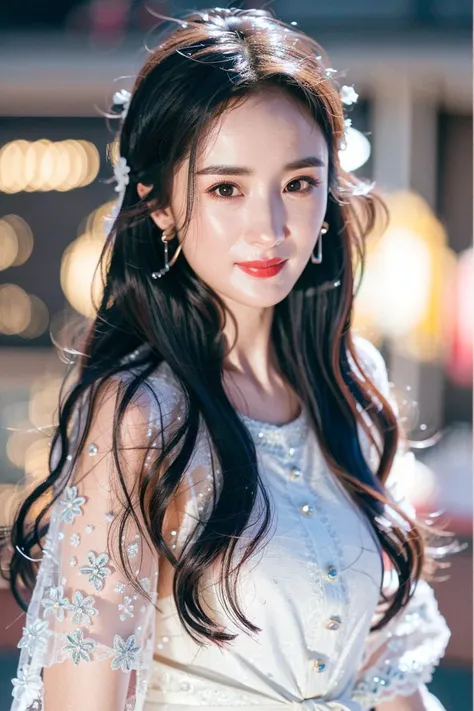 (8k, best quality, masterpiece:1.2), (realistic, photo-realistic:1.37), night, dating, (nose blush), (smile:1), (closed mouth) ,small breasts, beautiful detailed eyes, wet, rain, white lace, floating hair,1girl wearing tangstyle dress,(tangstyle,hanfu:1.2),
(yangmi), upper body,