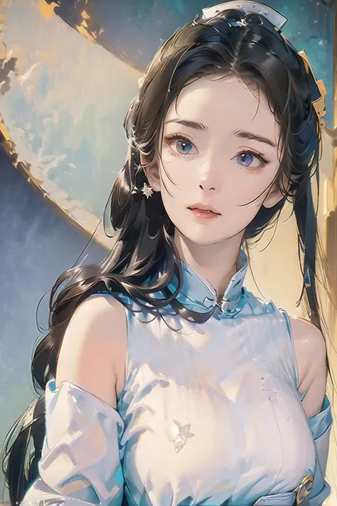 (extremely detailed CG unity 8k wallpaper),(masterpiece), (best quality), (ultra-detailed), (best illustration),(best shadow), (an extremely delicate and beautiful), dynamic angle, floating, finely detail, (bloom), (shine), glinting stars, classic, (painting), (sketch),upper body, 
a girl, solo,nurse uniform, bare shoulders,( big breasts:1.1),    <lora:yangmiv43-000002:1>
