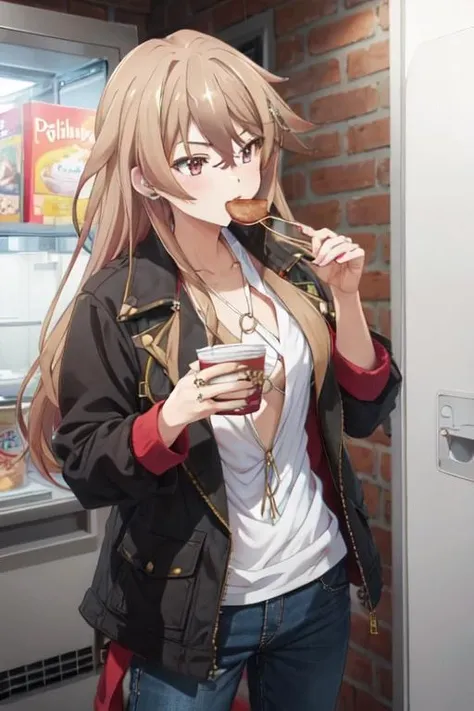 <lora:0011Jhulumi:1>,hyulumi,pants,posing,jacket,eating,