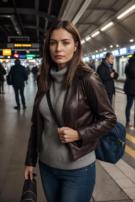 medium shot of a woman traveller ready for the journey waiting on the train station,detailed sharp,flash photo,