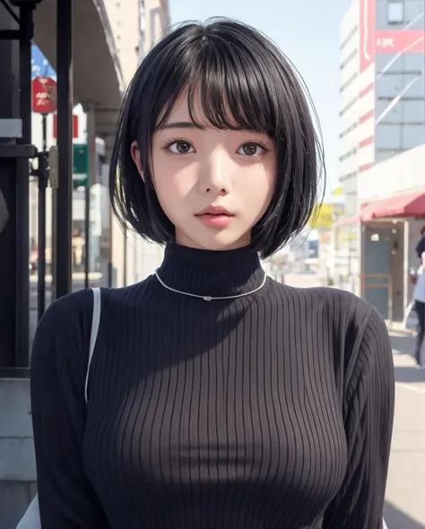 pureerosface_v1:0.24, best quality, photorealistic, 8k, high res, 1girl, woman, (skindentation), (portrait:0.6), ((cityscapebackground:1.62)), full color, ((smallsize round breast, highneck sweater:1.5)), straight-looking at viewer:1.8, (1girl eyes looking at viewer:1.55), (long hair, blackhair, partedbangs:1.45), (bokeh), <lora:CBAV-kaoru:0.7>