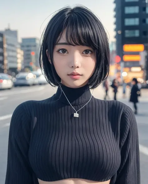 pureerosface_v1:0.24, best quality, photorealistic, 8k, high res, 1girl, woman, (skindentation), (portrait:0.6), ((cityscapebackground:1.62)), full color, ((smallsize round breast, highneck sweater:1.5)), straight-looking at viewer:1.8, (1girl eyes looking at viewer:1.55), (long hair, blackhair, partedbangs:1.45), (bokeh), <lora:CBAV-kaoru:0.7>
