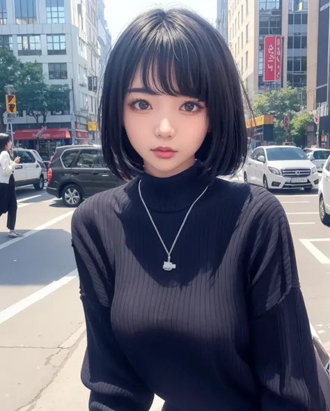 pureerosface_v1:0.24, best quality, photorealistic, 8k, high res, 1girl, woman, (skindentation), (portrait:0.6), ((cityscapebackground:1.62)), full color, ((smallsize round breast, highneck sweater:1.5)), straight-looking at viewer:1.8, (1girl eyes looking at viewer:1.55), (lmedium-length hair, blackhair, partedbangs:1.45), (bokeh), <lora:CBAV-kaoru:0.7>