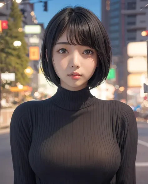 pureerosface_v1:0.24, best quality, photorealistic, 8k, high res, 1girl, woman, (skindentation), (portrait:0.6), ((cityscapebackground:1.62)), full color, ((smallsize round breast, highneck sweater:1.5)), straight-looking at viewer:1.8, (1girl eyes looking at viewer:1.55), (long hair, blackhair, partedbangs:1.45), (bokeh), <lora:CBAV-kaoru:0.7>