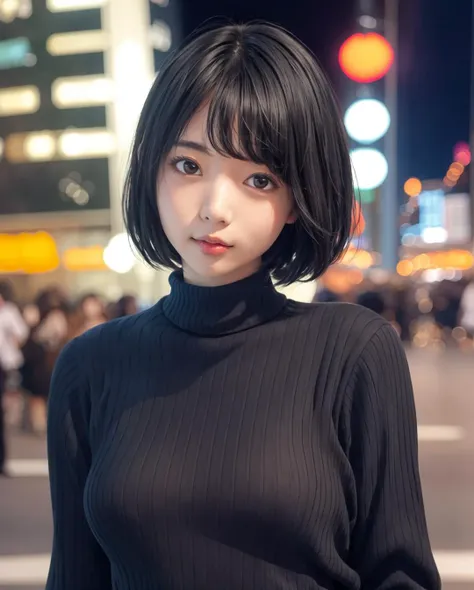 pureerosface_v1:0.24, best quality, photorealistic, 8k, high res, 1girl, woman, (skindentation), (portrait:0.6), ((cityscapebackground:1.62)), full color, ((smallsize round breast, highneck sweater:1.5)), straight-looking at viewer:1.8, (1girl eyes looking at viewer:1.55), (lmedium-length hair, blackhair, partedbangs:1.45), (bokeh), <lora:CBAV-kaoru:0.7>