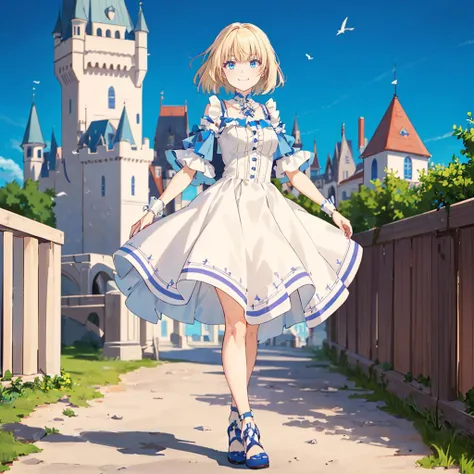 <lora:MiaCrazyV1:0.8>,
mia,1girl,solo,bangs,blue eyes,blonde hair,looking at viewer,smile,short hair,
dress,full body,castle,