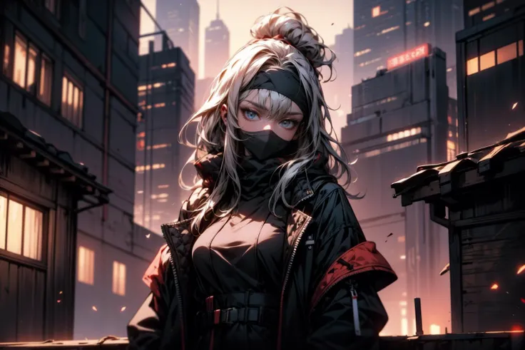 a woman in a black outfit standing in front of a city