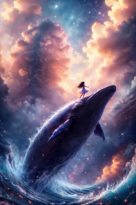 <lora:l - L| :1>, <lora:y:1>,  (Style-DA:1), (outdoors, alley:1.3), <lora:age_slider-LECO-v1:-4>,
 <lora:xuer Big whale_20240112020410:0.8>, xuer Big whale, 1girl, whale, sky, long hair, star \(sky\), solo, dress, standing, starry sky, cloud, scenery, oversized animal, blue theme, night, outdoors, light particles, night sky, wide shot.