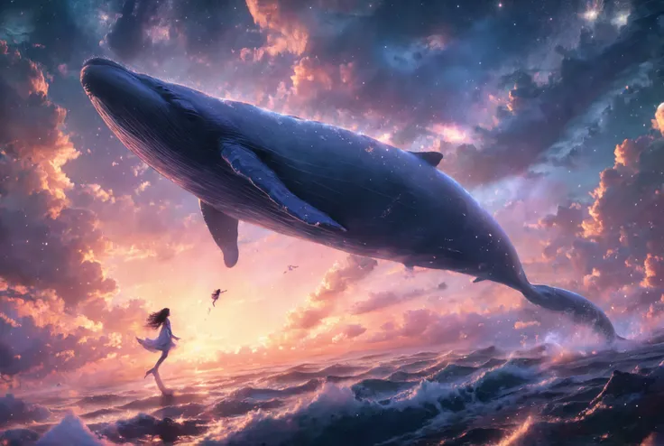 xuer Big whale, 1girl, whale, sky, solo, scenery, long hair, star \(sky\), wide shot, barefoot, black hair, surreal, starry sky
<lora:~Q?-| xuer Big whale:0.8>