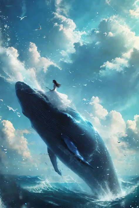 xuer Big whale, 1girl, dress, cloud, sky, long hair, scenery, outdoors, solo, white dress, day, black hair, blue sky, sleeveless dress, whale, ocean, sundress, barefoot, cloudy sky, standing, sleeveless, wide shot, floating hair, surreal, blue theme, bubble
<lora:~Q?-| xuer Big whale:0.8>