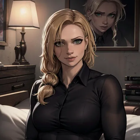 Best_QualityPos, RAW photo, intricate details, best quality, 8k uhd, soft lighting, 1girl, solo, Annie Thorisdottir, green eyes, long hair, blonde hair, muscular female, black collared shirt <lora:Annie_Thorisdottir:0.7> <lora:exposure_control_v10:-0.5>