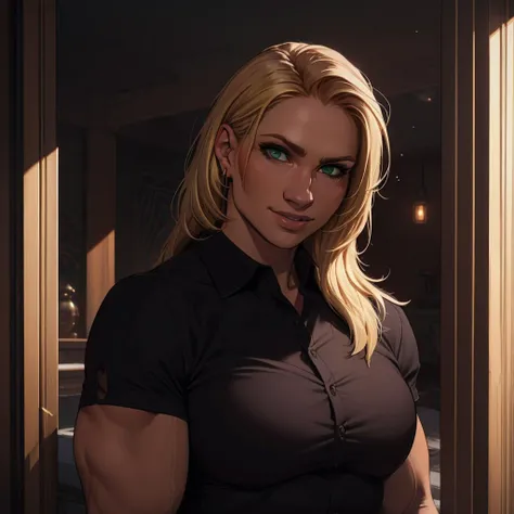 Best_QualityPos, RAW photo, intricate details, best quality, 8k uhd, soft lighting, 1girl, solo, Annie Thorisdottir, green eyes, long hair, blonde hair, muscular female, black collared shirt <lora:Annie_Thorisdottir:0.7> <lora:exposure_control_v10:-0.5>