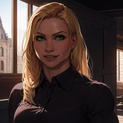 Best_QualityPos, RAW photo, intricate details, best quality, 8k uhd, soft lighting, 1girl, solo, Annie Thorisdottir, green eyes, long hair, blonde hair, muscular female, black collared shirt <lora:Annie_Thorisdottir:0.7> <lora:exposure_control_v10:-0.5>