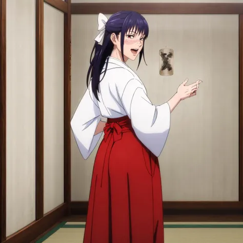 masterpiece,highres,high quality,extremely detailed,solo,(stylish_pose:1.1),looking back,
<lora:UtahimeIori002:0.7>,smile,open mouth,
UtahimeIori,1woman,
facial burns,
hair bow,
miko,furisode,japanese clothes,
red hakama,