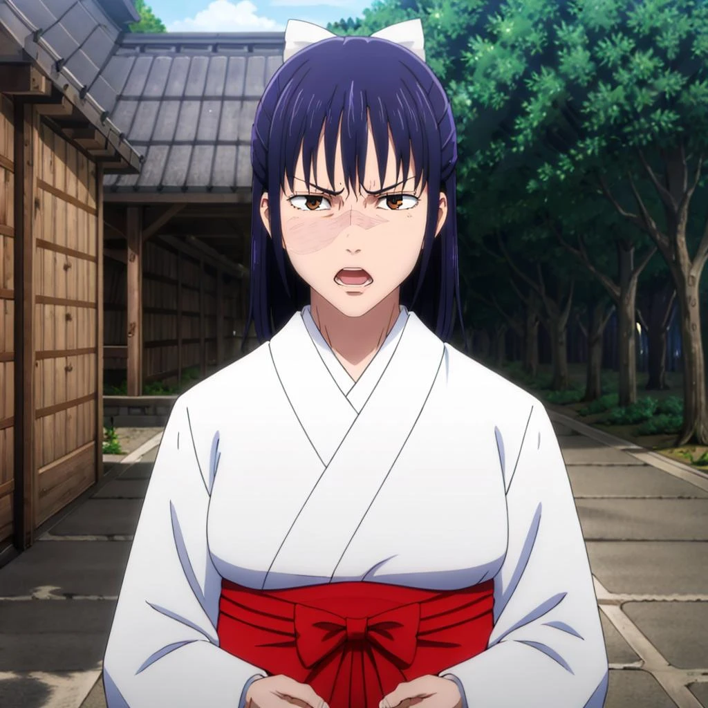 masterpiece,highres,high quality,extremely detailed,solo,outdoors,
<lora:UtahimeIori002:0.7>,angry,
UtahimeIori,1woman,
facial burns,
hair bow,
miko,furisode,japanese clothes,
